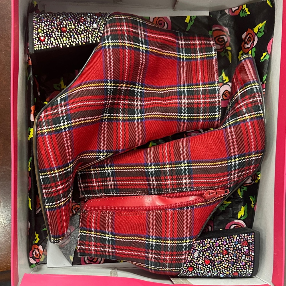 Betsey Johnson Red Plaid Boots with Glitter Heels, women’s size 7